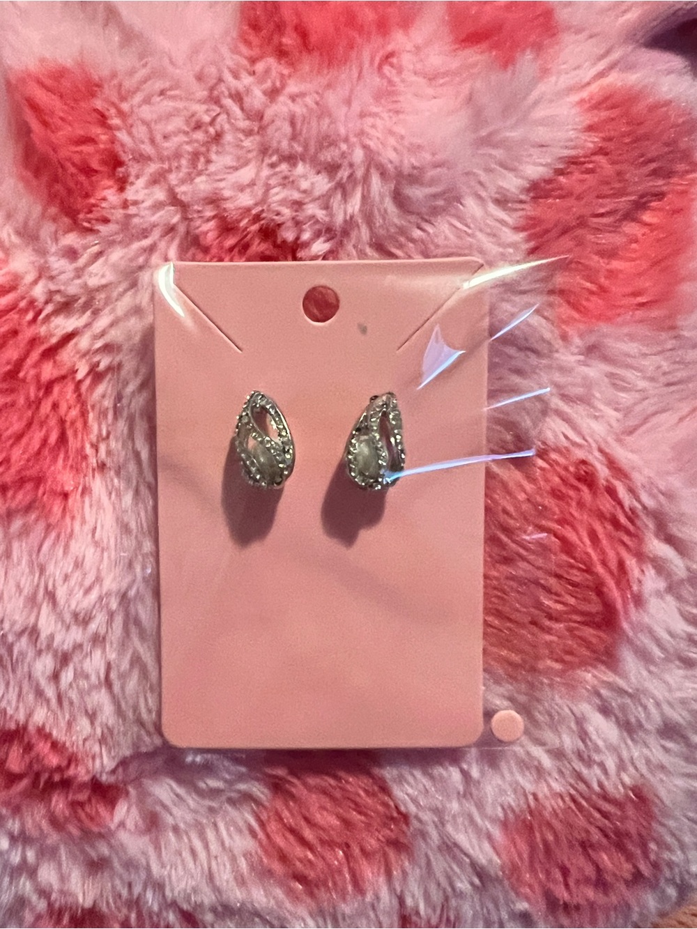 Silver Crystal Teardrop Stud Earrings - Pink Card